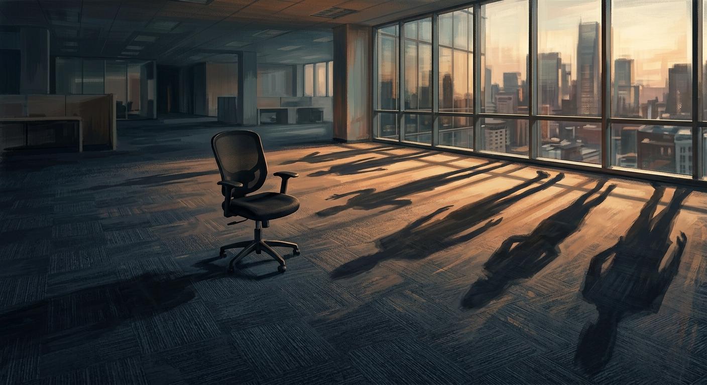 Painterly artwork: an empty office chair on a vast carpeted floor with long deformed shadows of unseen figures stretching in from offscreen