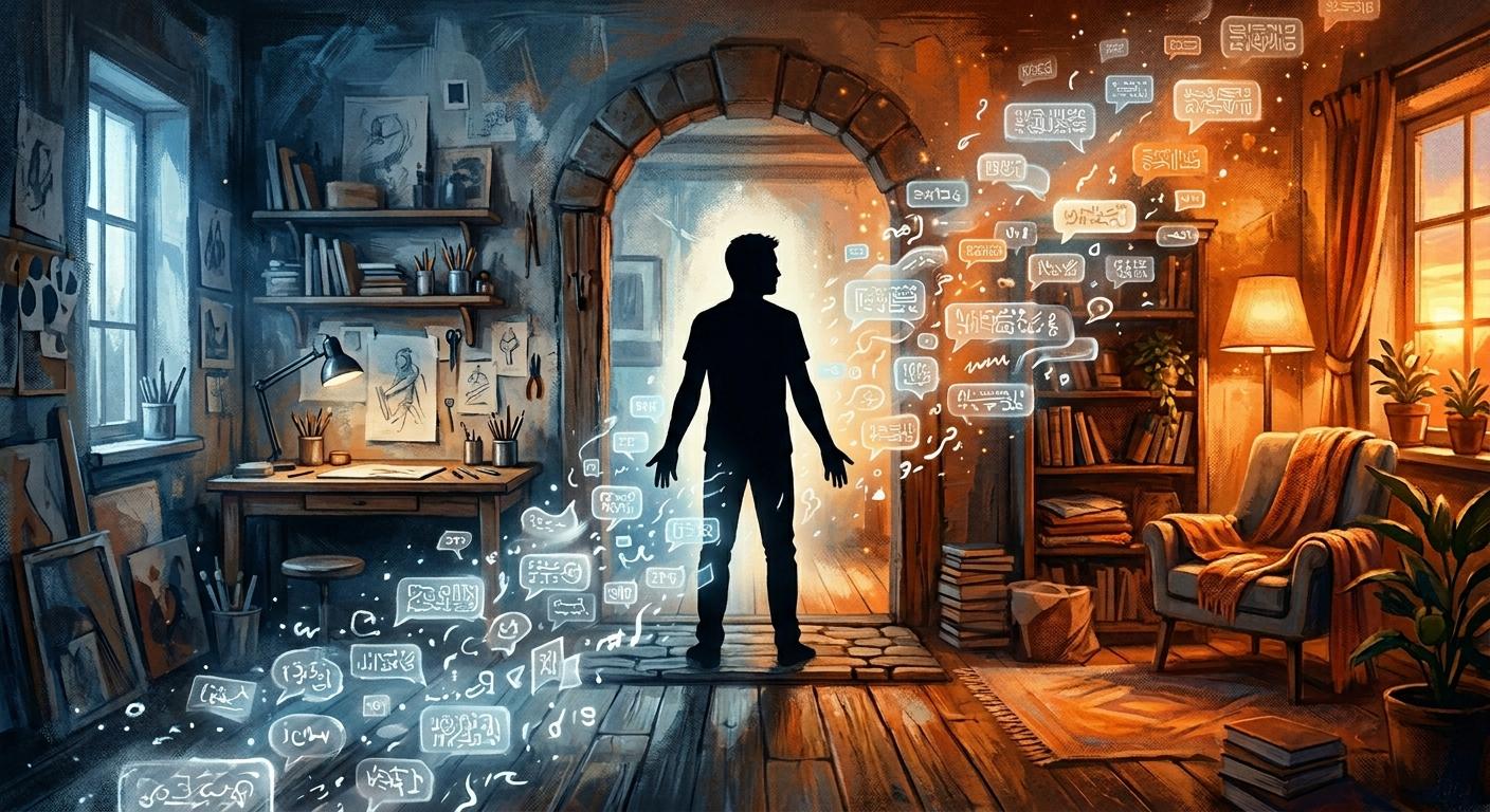 Painterly artwork: a doorway between a workspace and a home with transparent message bubbles spilling across the threshold like fog, a single silhouette half in each room