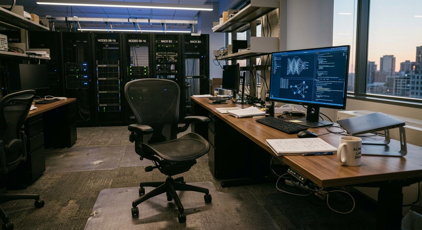 An empty office chair pulled back from a desk in an AI research lab, monitor glowing with neural network diagrams