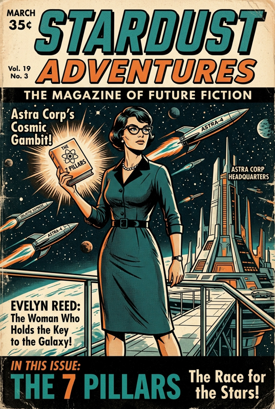 Couverture de science-fiction, femme d'affaires tenant les sept piliers d'un code d'éthique
