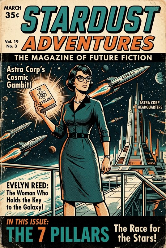 Couverture de science-fiction, femme d'affaires tenant les sept piliers d'un code d'éthique