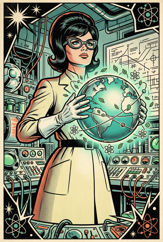 Scientifique futuriste rétro bercant un globe chromé luminescent de la Terre dans des mains gantées blanches, décor de laboratoire à l'époque atomique