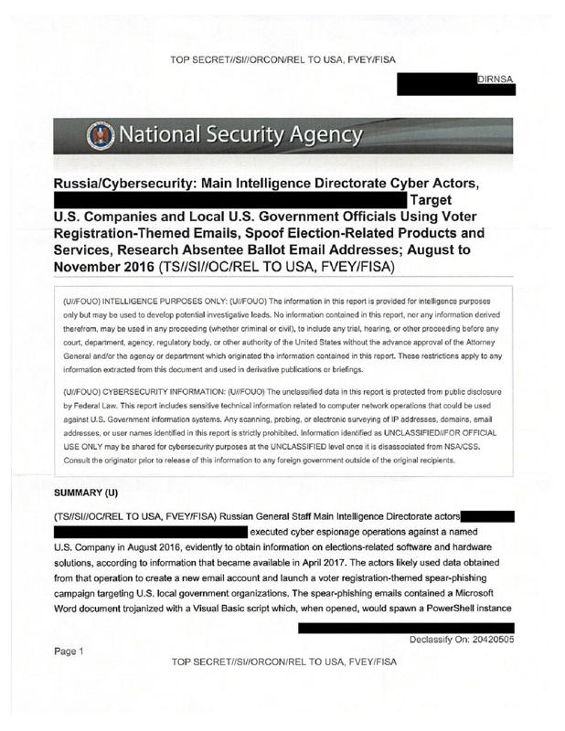 Page one of the top-secret NSA report on Russian hacking of US election systems that Reality Winner leaked