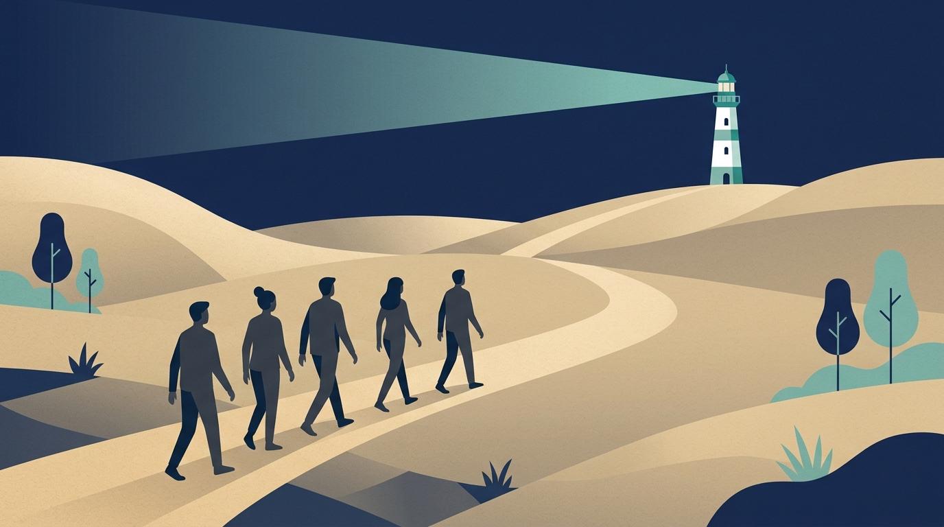 Five abstract figures walking together along a curving path toward a distant lighthouse on a clear horizon, in muted navy and sand tones