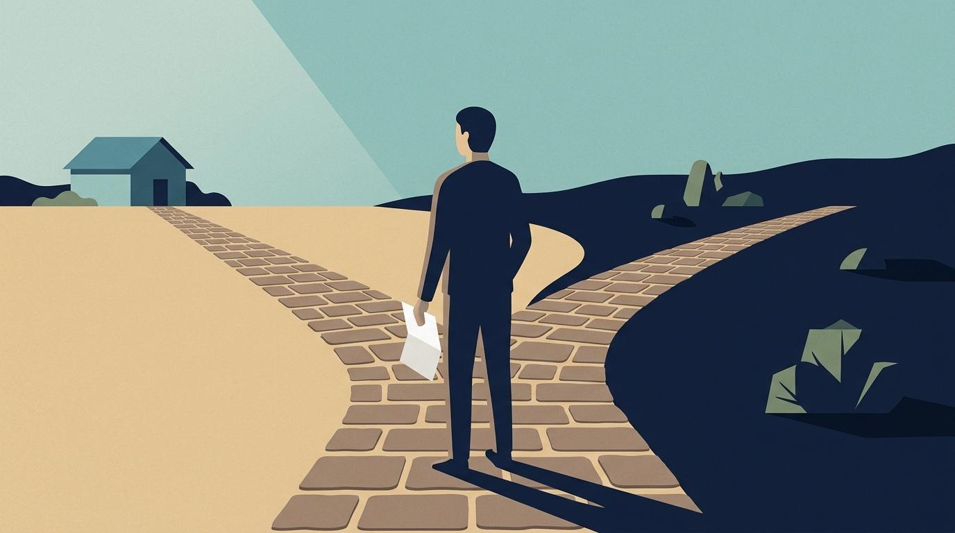 A single abstract figure standing at a fork in a paved path holding a folded sheet of paper, one branch leading to a small calm building and the other curving into shadow