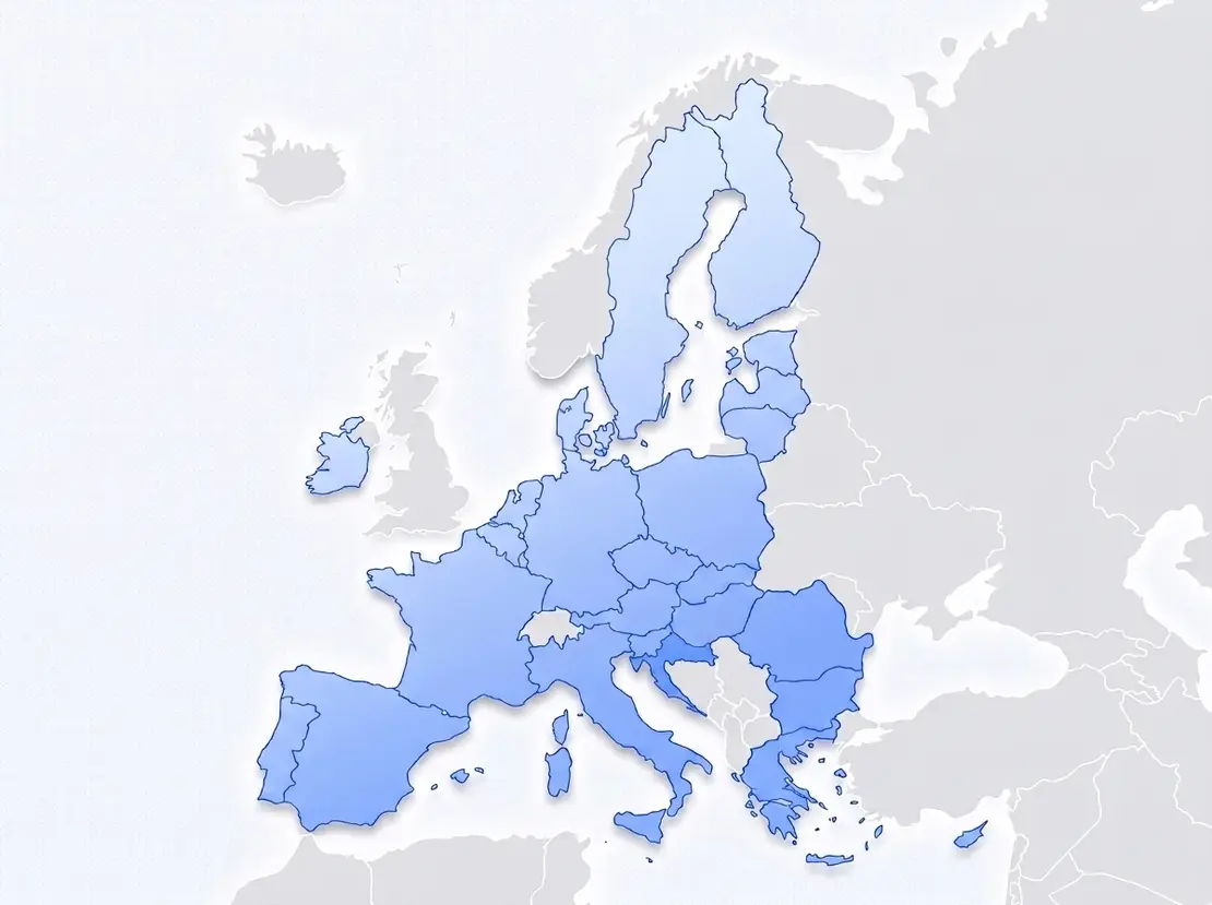 Map of the European Union with markers on Frankfurt and Łódź