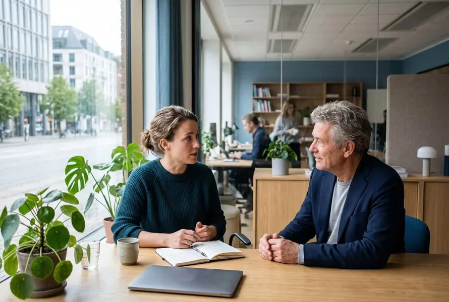 Colleagues talking at a desk in a bright office