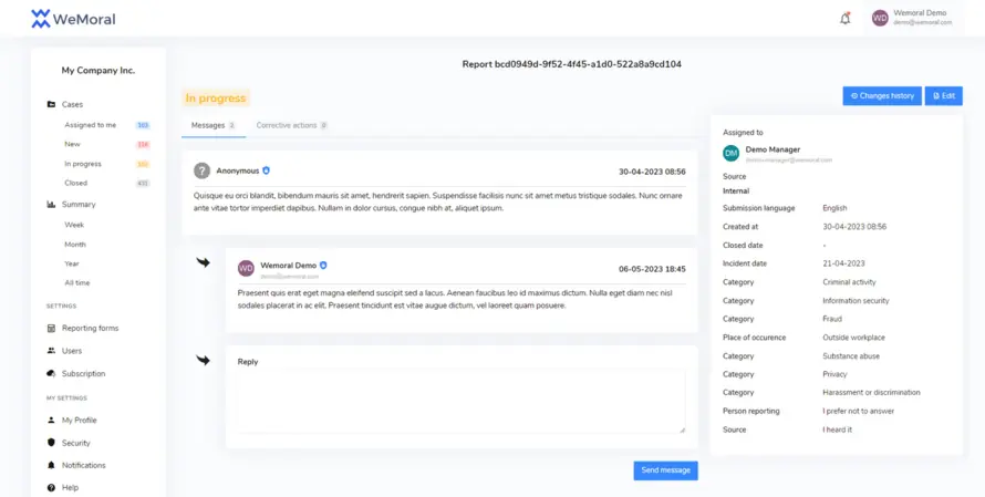 A report case view in the WeMoral dashboard