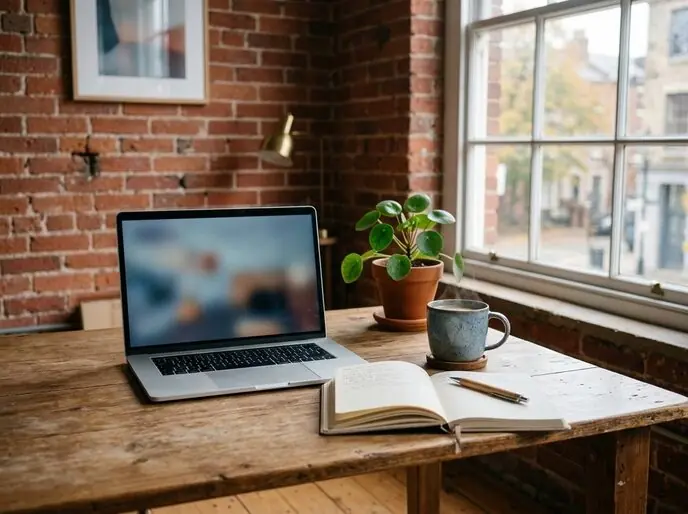 A quiet desk with a laptop and a notebook