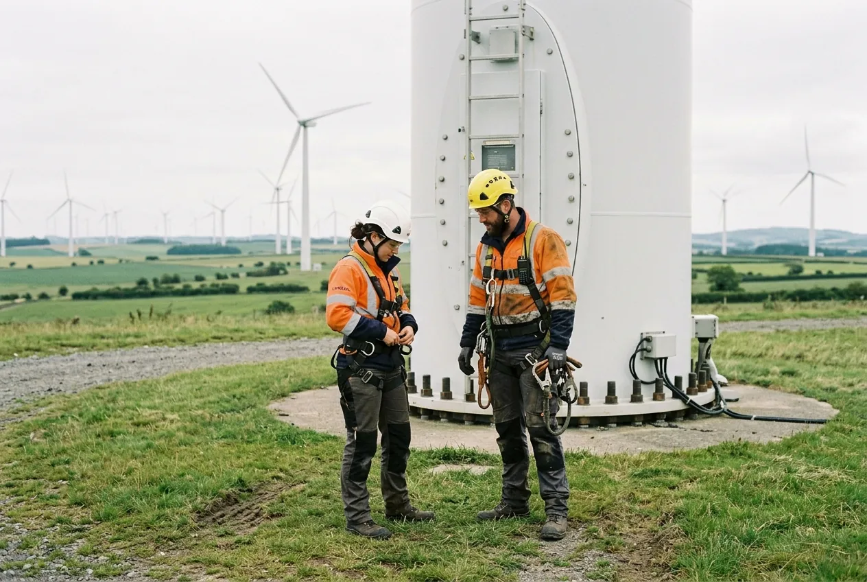 Dwoje techników w uprzężach u podnóża wieży turbiny wiatrowej