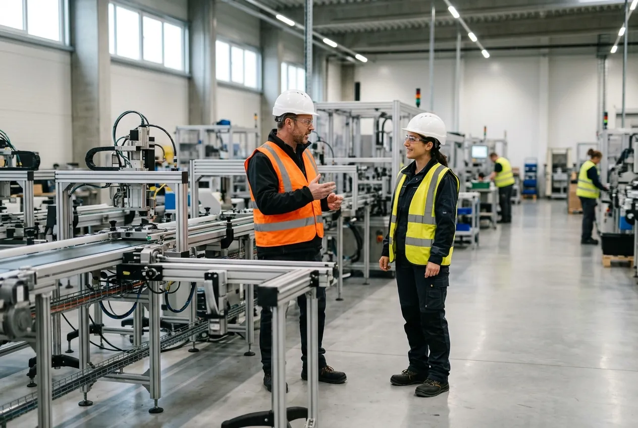 Two workers in high-visibility vests talking beside a production line