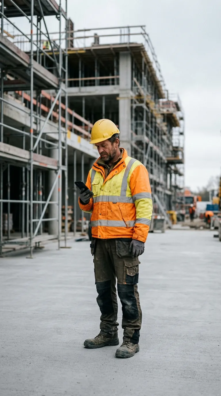 A construction worker in a hard hat checking a phone on a building site