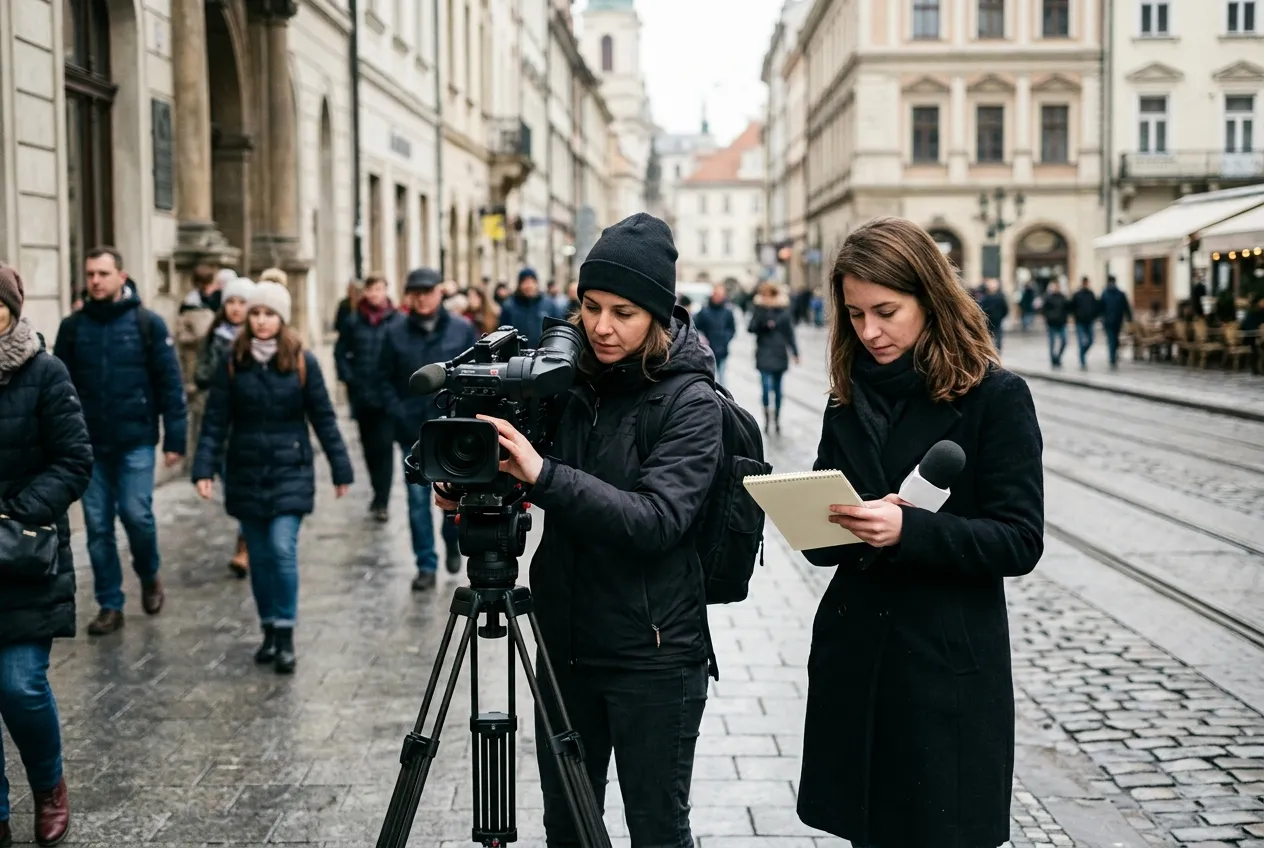 A camera operator sets up a shoulder camera on a tripod while a reporter with a microphone reads her notes on a cobbled city street