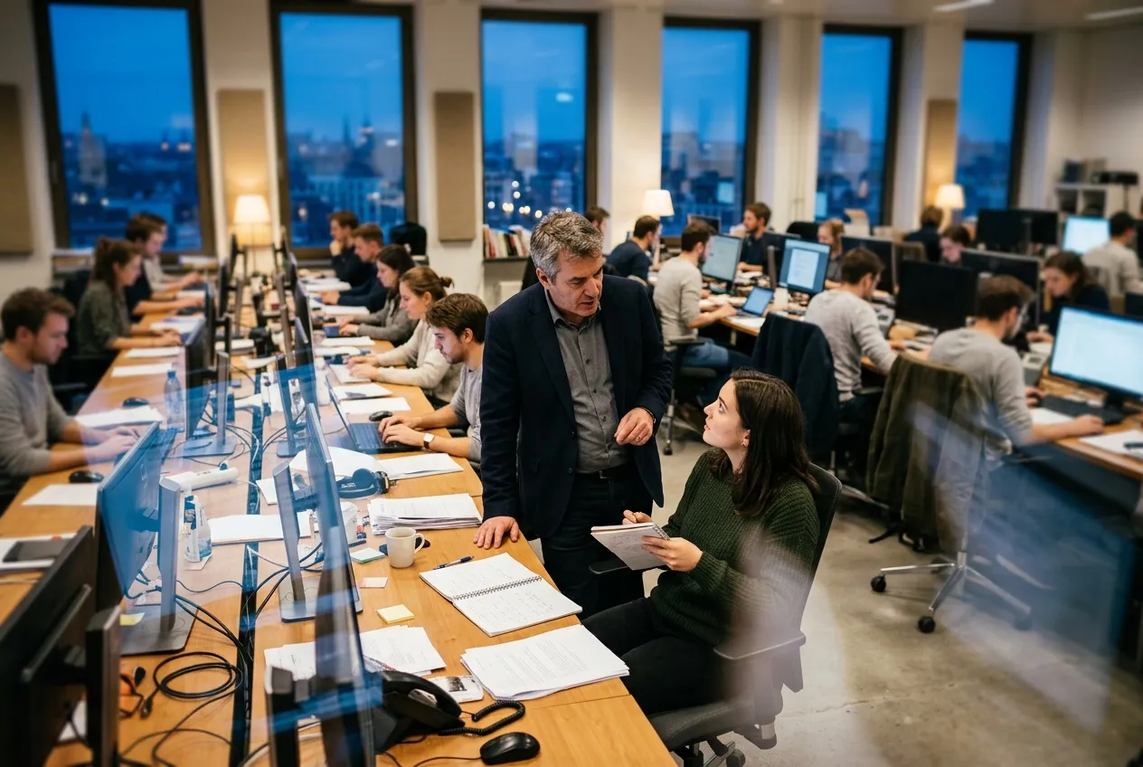 An editor stands at a newsroom desk talking with a seated reporter who holds a notebook, while colleagues work at long shared desks in the evening