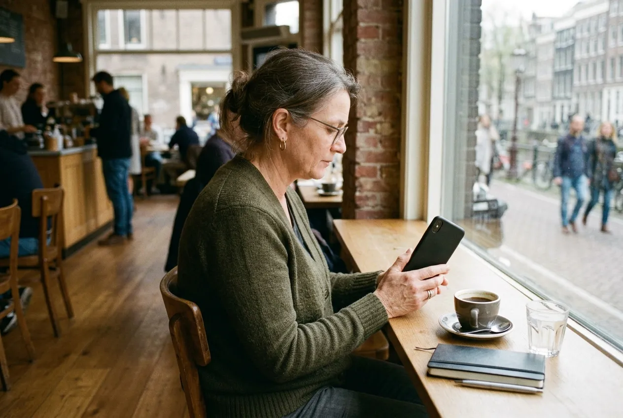 A woman at a cafe window table types a message on her phone with a cup of coffee beside her