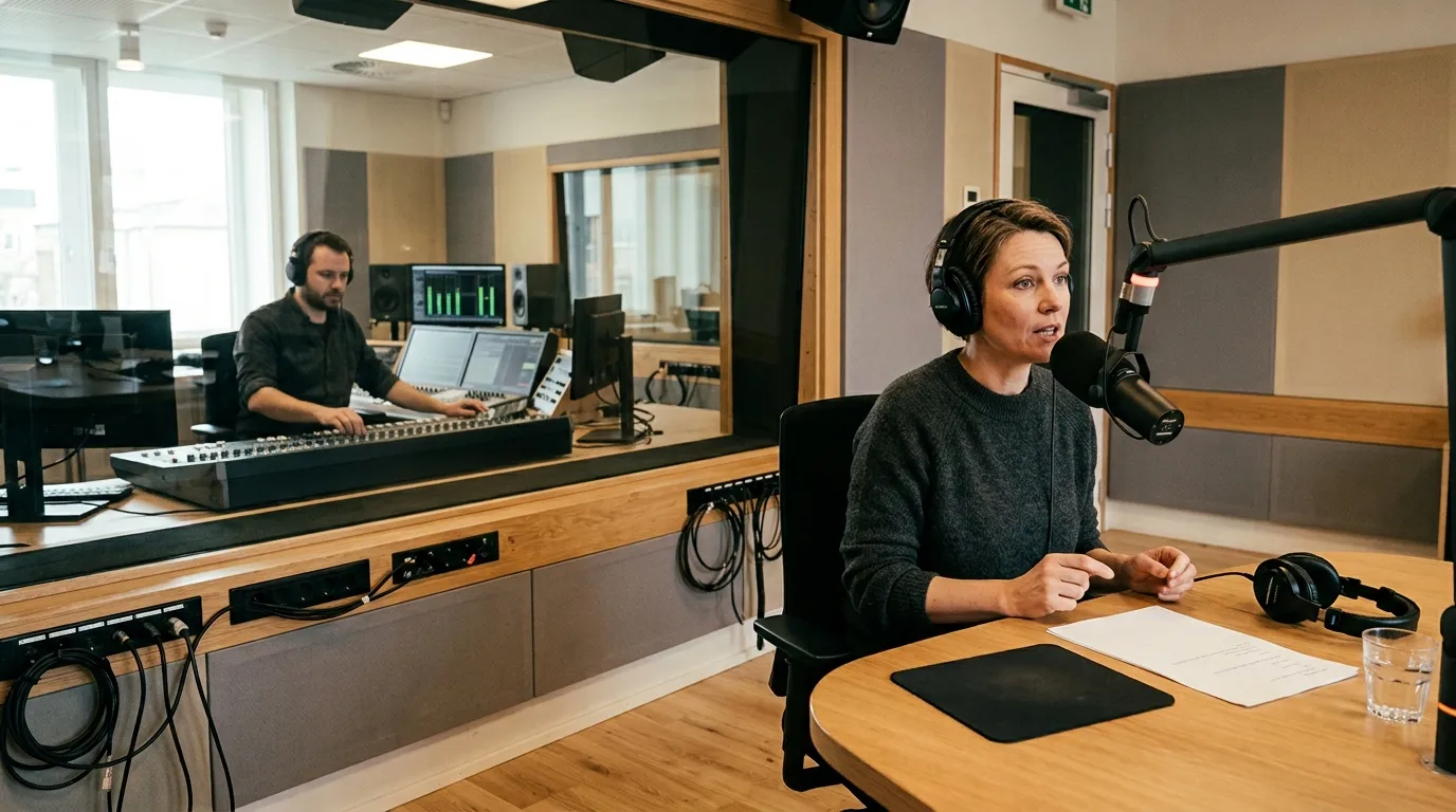A radio presenter in headphones speaks into a studio microphone while a producer works at a mixing desk behind the glass