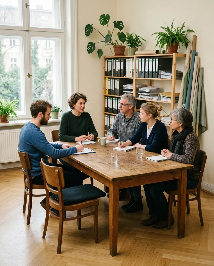 Cinq membres d'une petite équipe associative discutent autour d'une table en bois dans un bureau lumineux, avec des plantes, des classeurs et des banderoles de campagne roulées