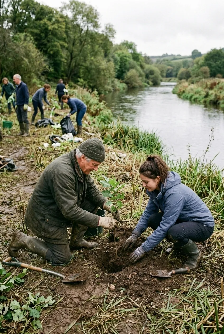 Un homme âgé et une jeune femme plantent un jeune arbre sur la berge d'une rivière tandis que d'autres bénévoles ramassent des déchets derrière eux