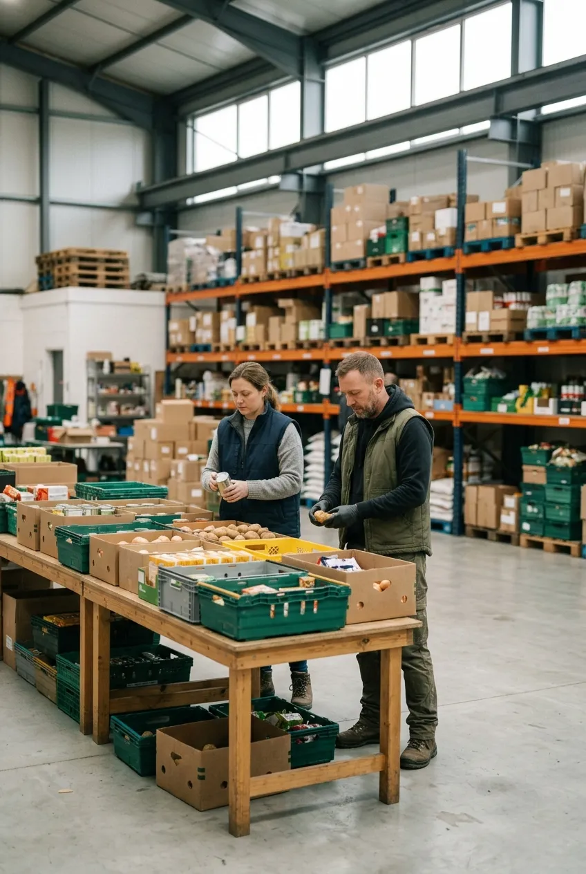 Deux bénévoles en gilets unis trient des denrées données dans des caisses vertes sur une longue table, dans l'entrepôt d'une banque alimentaire