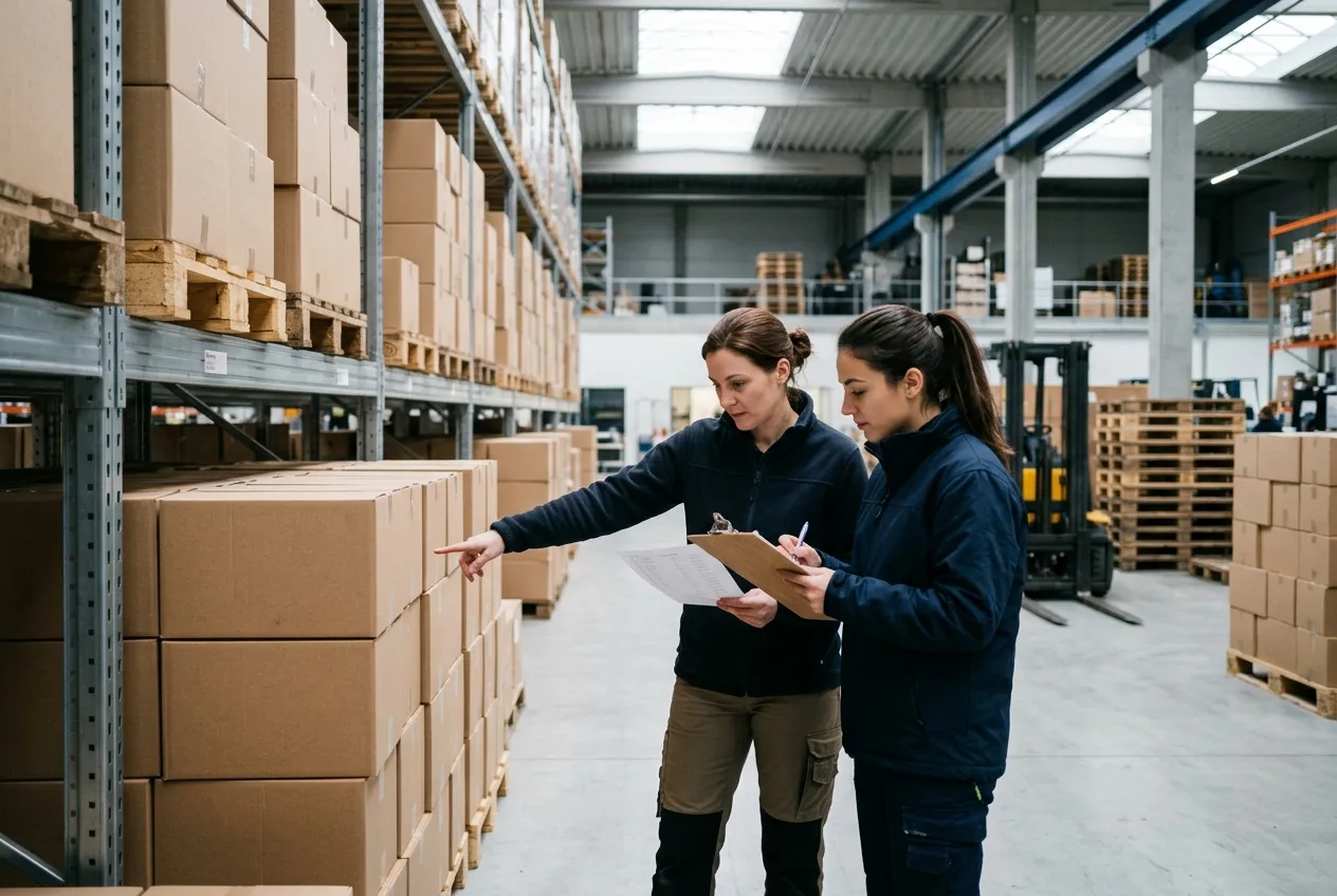 Deux travailleurs humanitaires vérifient des palettes de cartons neutres à l'aide d'une liste sur un porte-bloc, dans un entrepôt de logistique humanitaire