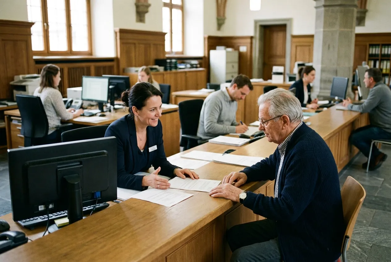 A council officer helping an older resident at a town hall service counter
