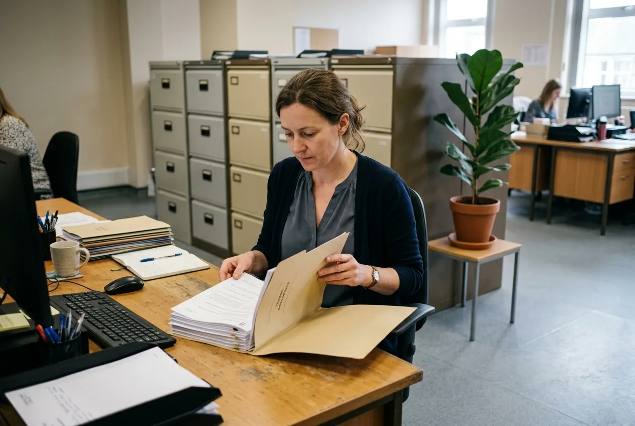 An officer at her desk going through a paper file of tender documents