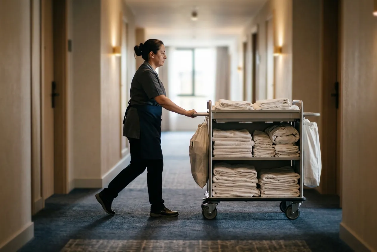 Eine Zimmerfrau schiebt einen Wäschewagen durch einen Hotelflur