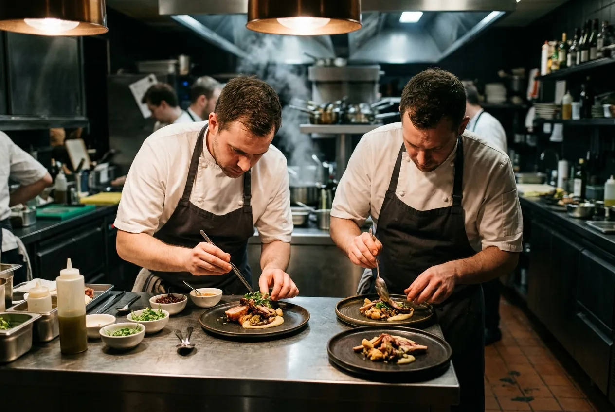 Zwei Köche arbeiten nebeneinander am Pass einer Restaurantküche