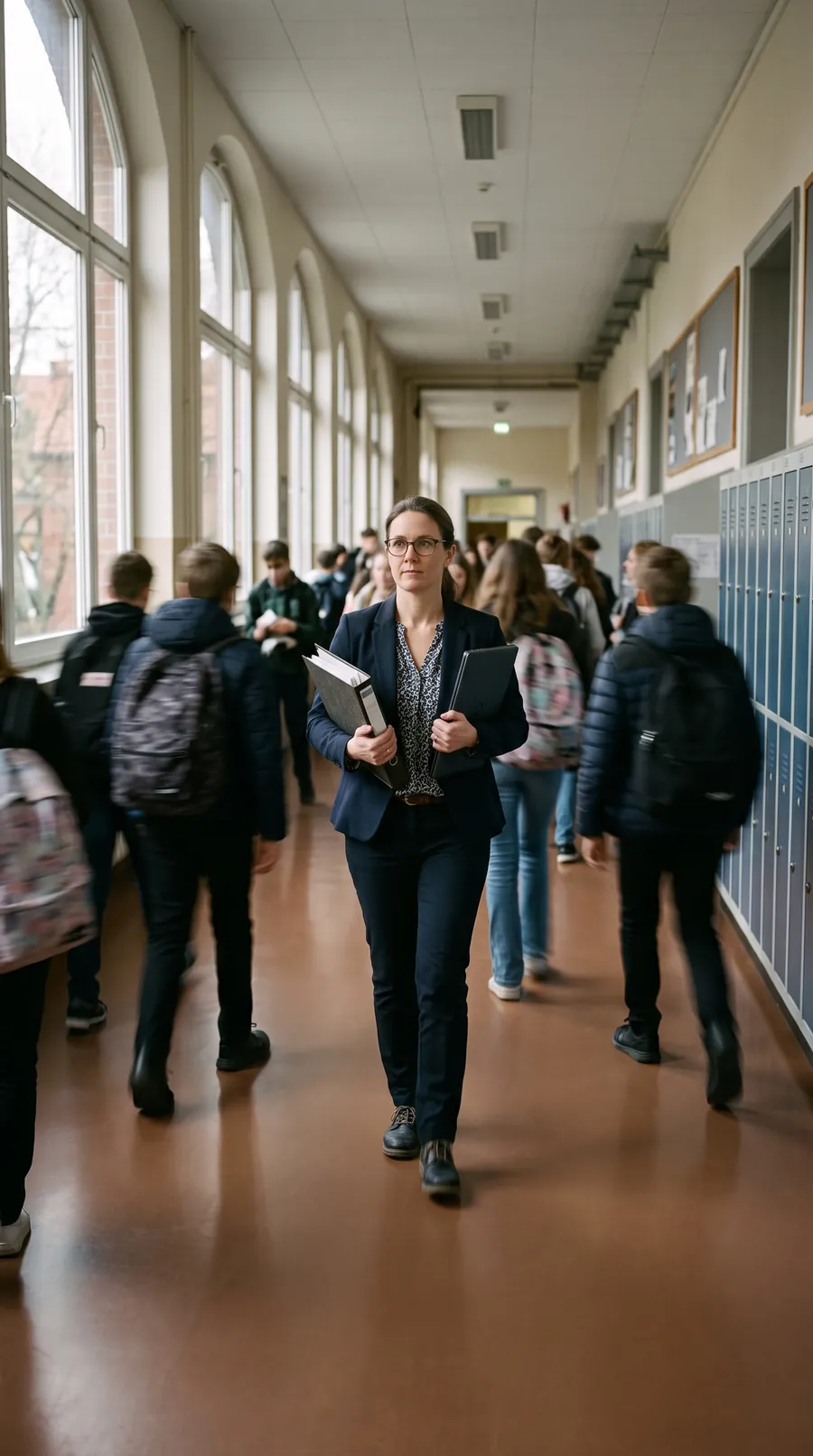 A teacher walking through a busy school corridor between lessons