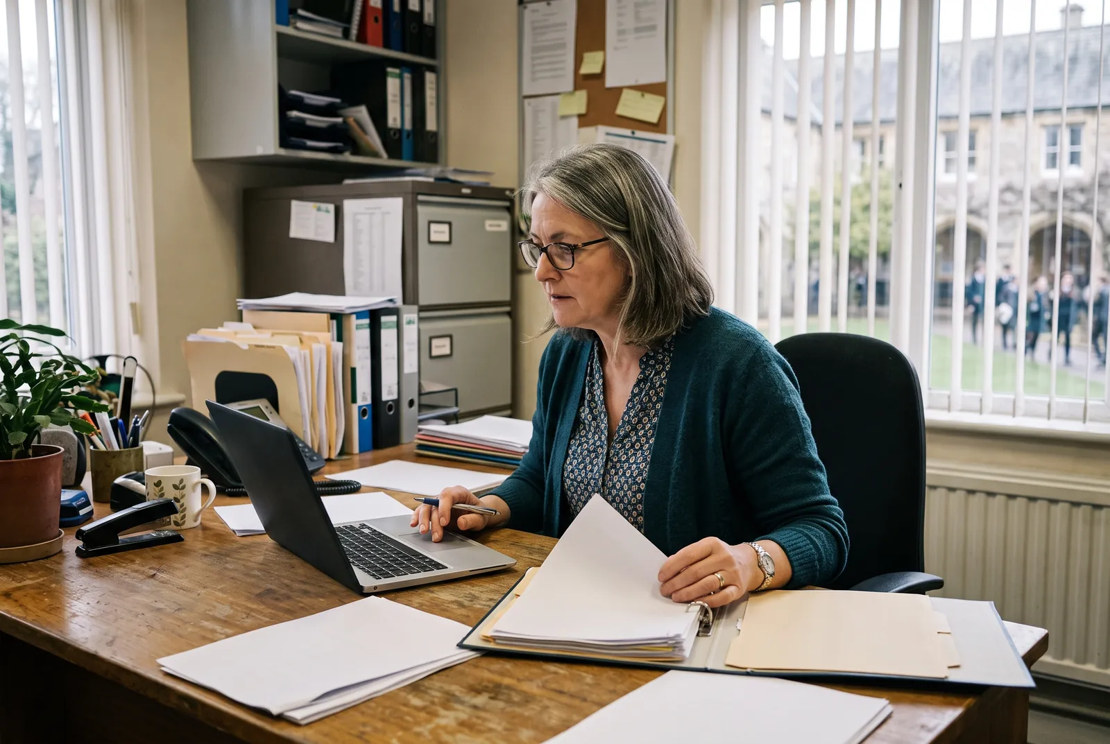 A school business manager working at her desk with policy documents