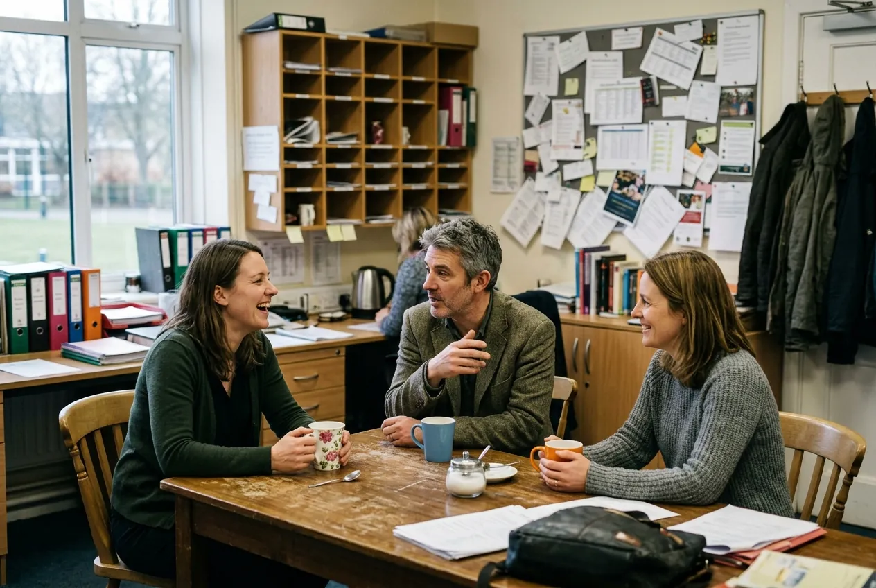 Three teachers talking over coffee in a school staff room