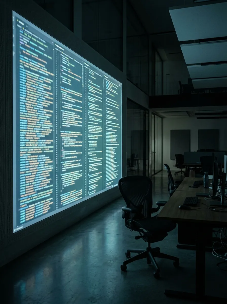 A large wall display showing lines of source code in a darkened office