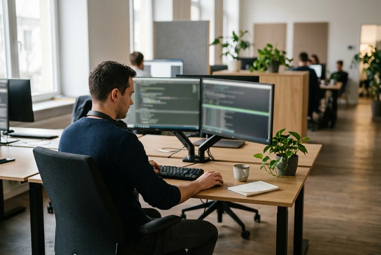 A security engineer reviewing code on two screens in a quiet office