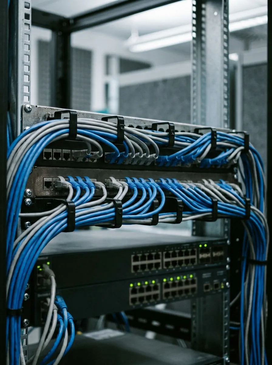 Blue and grey network cables plugged into a patch panel, with switches behind it