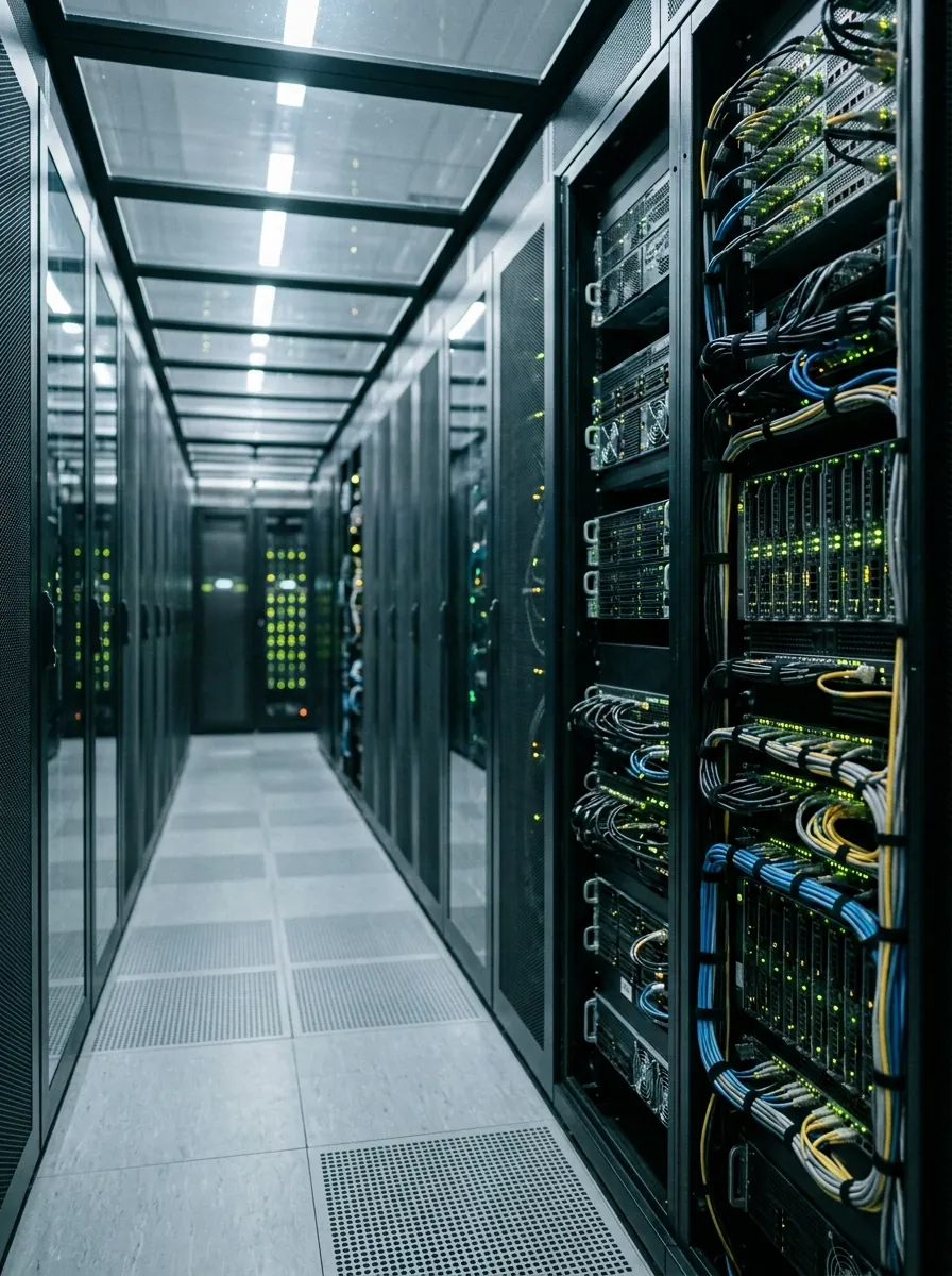 A cold aisle between server racks in a data centre, with status lights glowing on the equipment