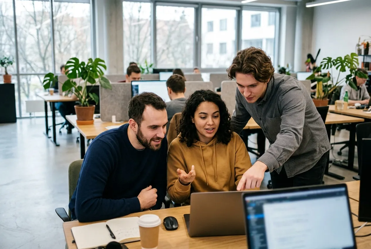 Troje współpracowników patrzy razem na jednego laptopa w biurze typu open space