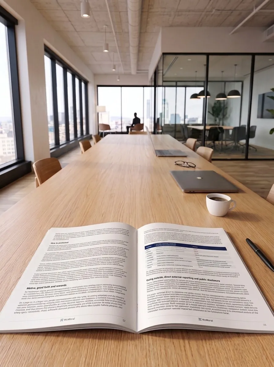 The WeMoral EU transposition report lying open on a conference table, showing the protection and remedies spread