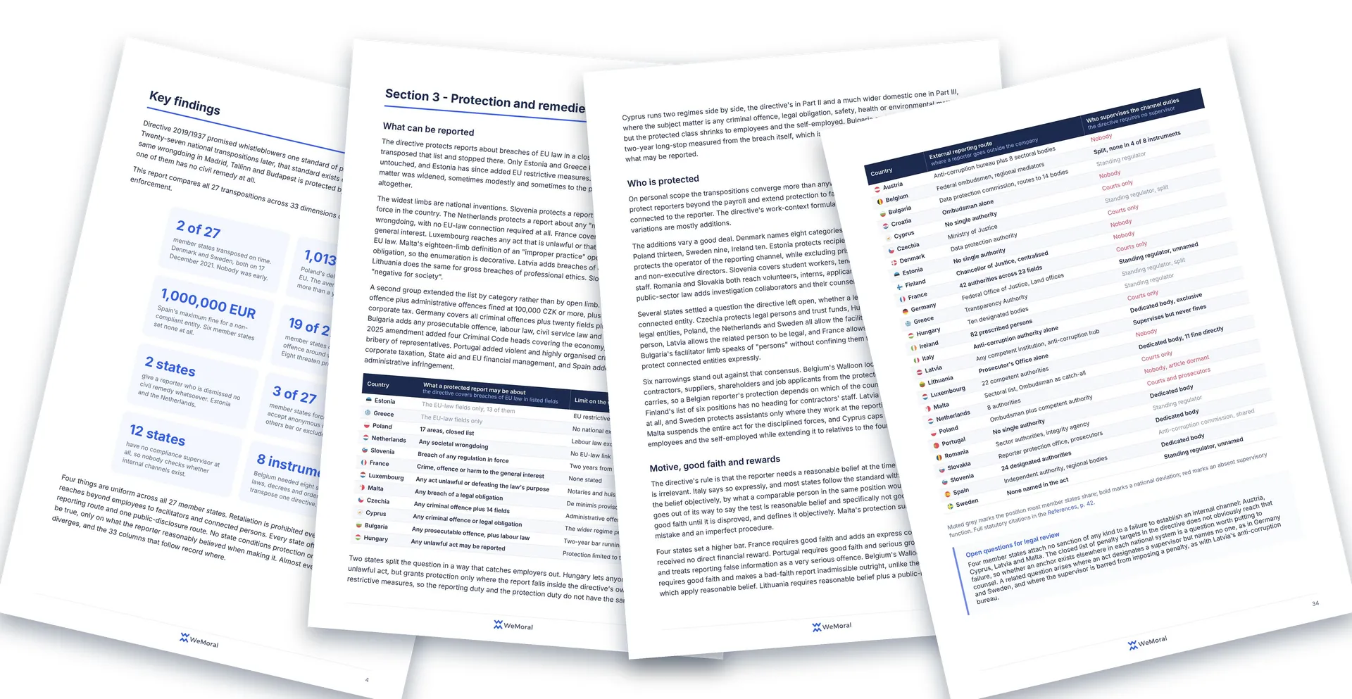 Four pages of the report fanned out: the key-findings tiles, the protection and good-faith pages, and the chart of maximum fines per member state